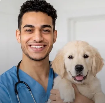 Veterinário segurando um filhote de golden retriever