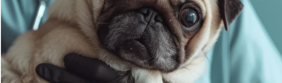 Pug no colo de um veterinário durante o atendimento